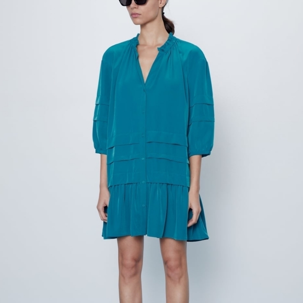 Zara Ruffle Mini Dress Duck Blue